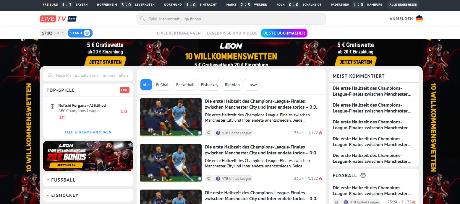 Artikelübersicht von LiveTV mit Themenschlagworten und News-Bereich