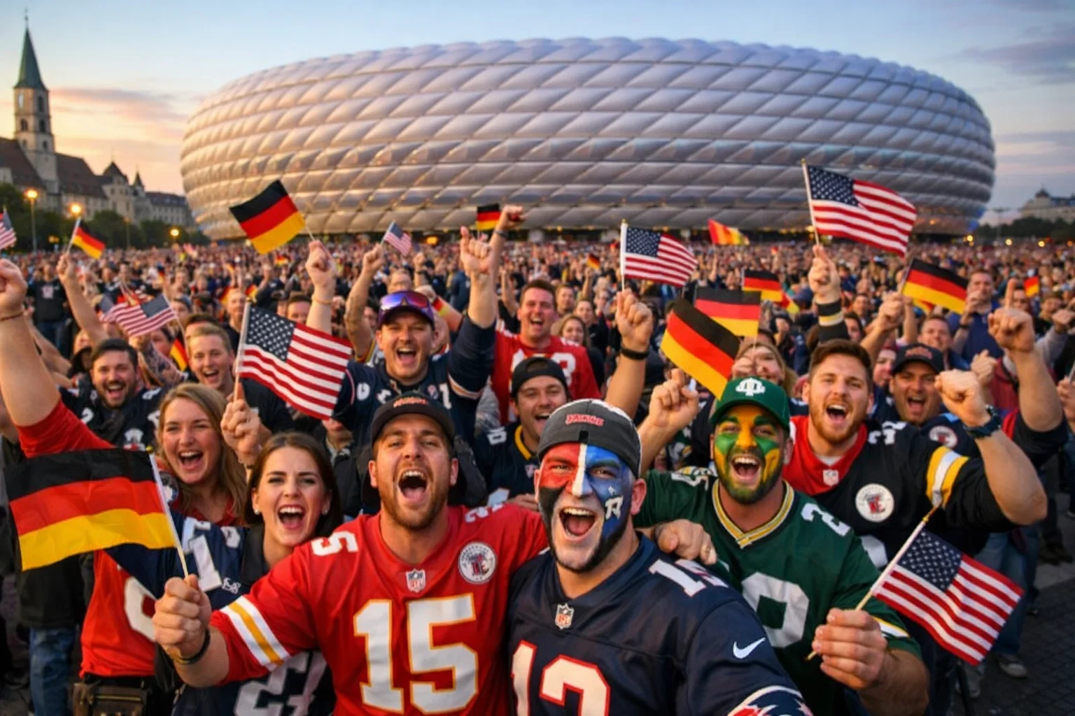 NFL-Fans in Deutschland feiern beim International Game in München mit Trikots und Fahnen