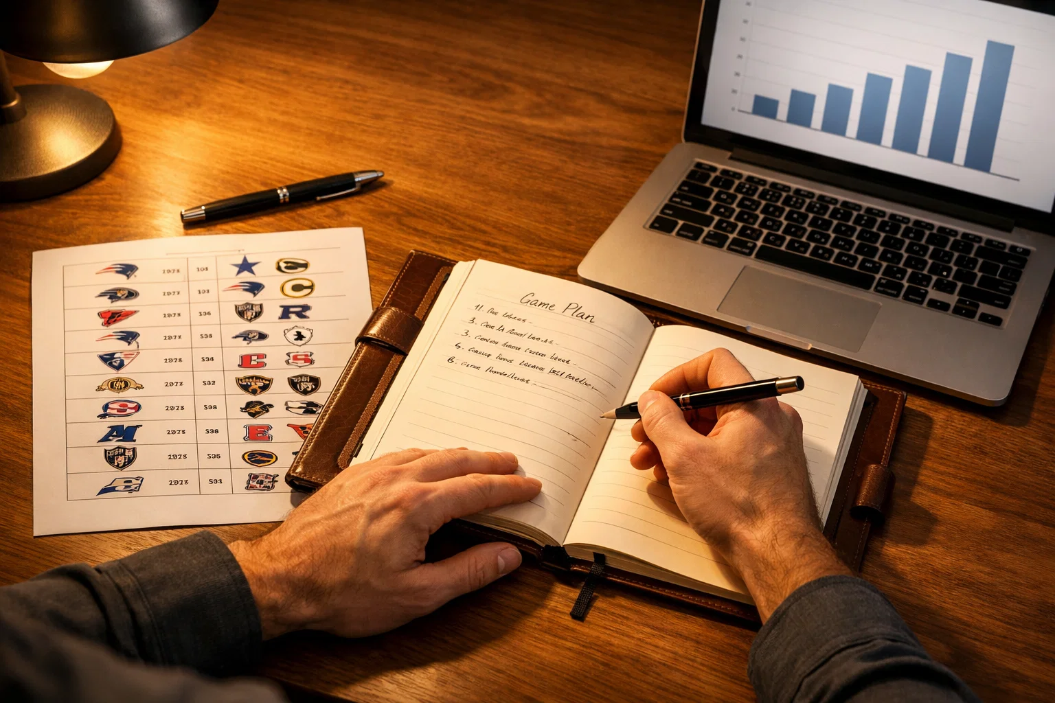 NFL-Wettstrategien: Notizbuch mit Spielplan und Stift auf einem Schreibtisch