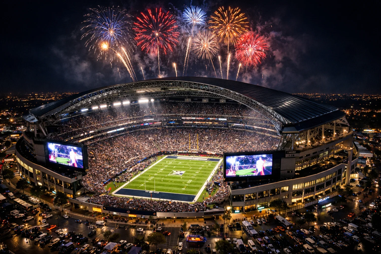 Super-Bowl-Stadion bei Nacht mit Feuerwerk und vollen Rängen